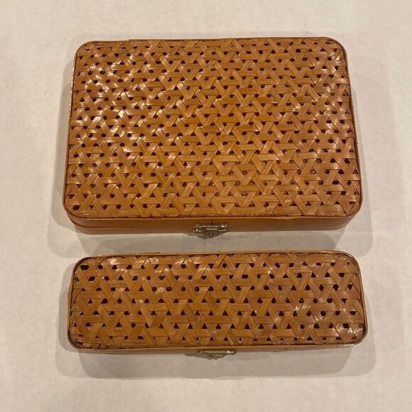 Vintage Lillian Vernon Nesting Pencil Cases Bamboo Cane Woven 2 Pieces - Picture 2 of 12